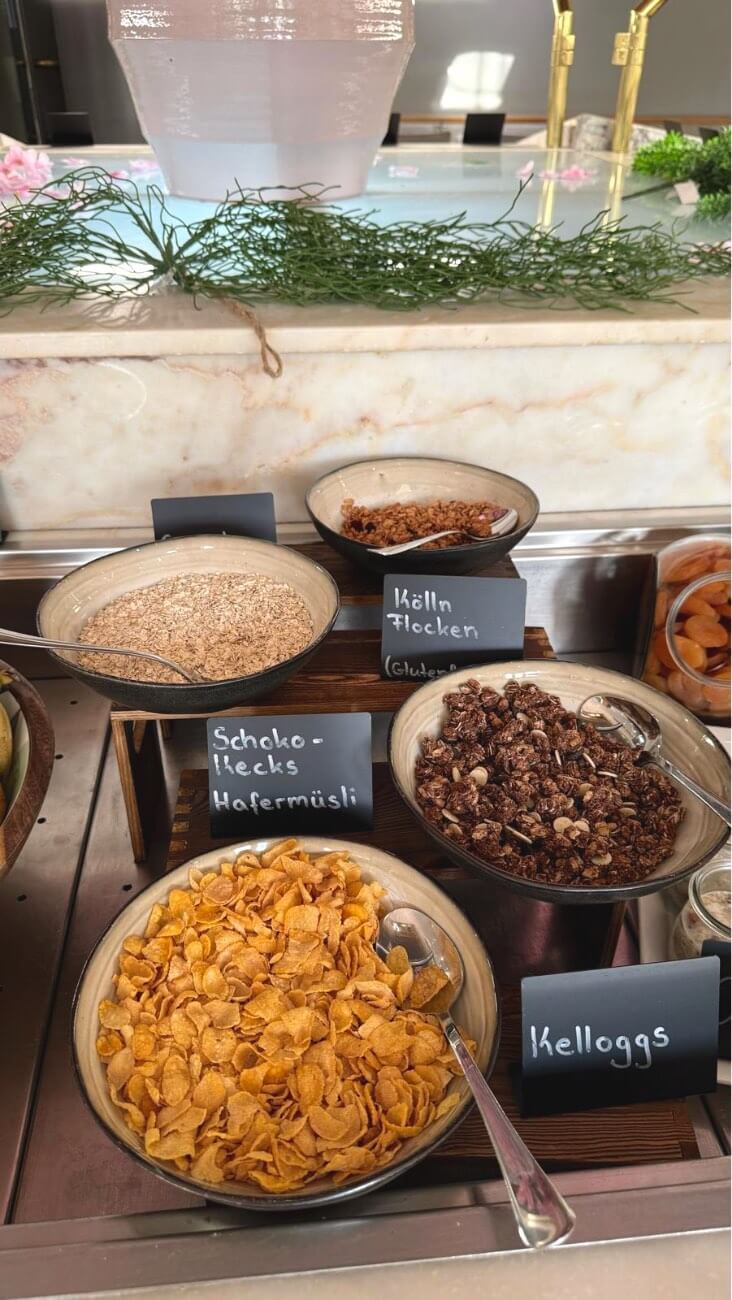 Cereal, muesli and oat selection at the breakfast buffet.