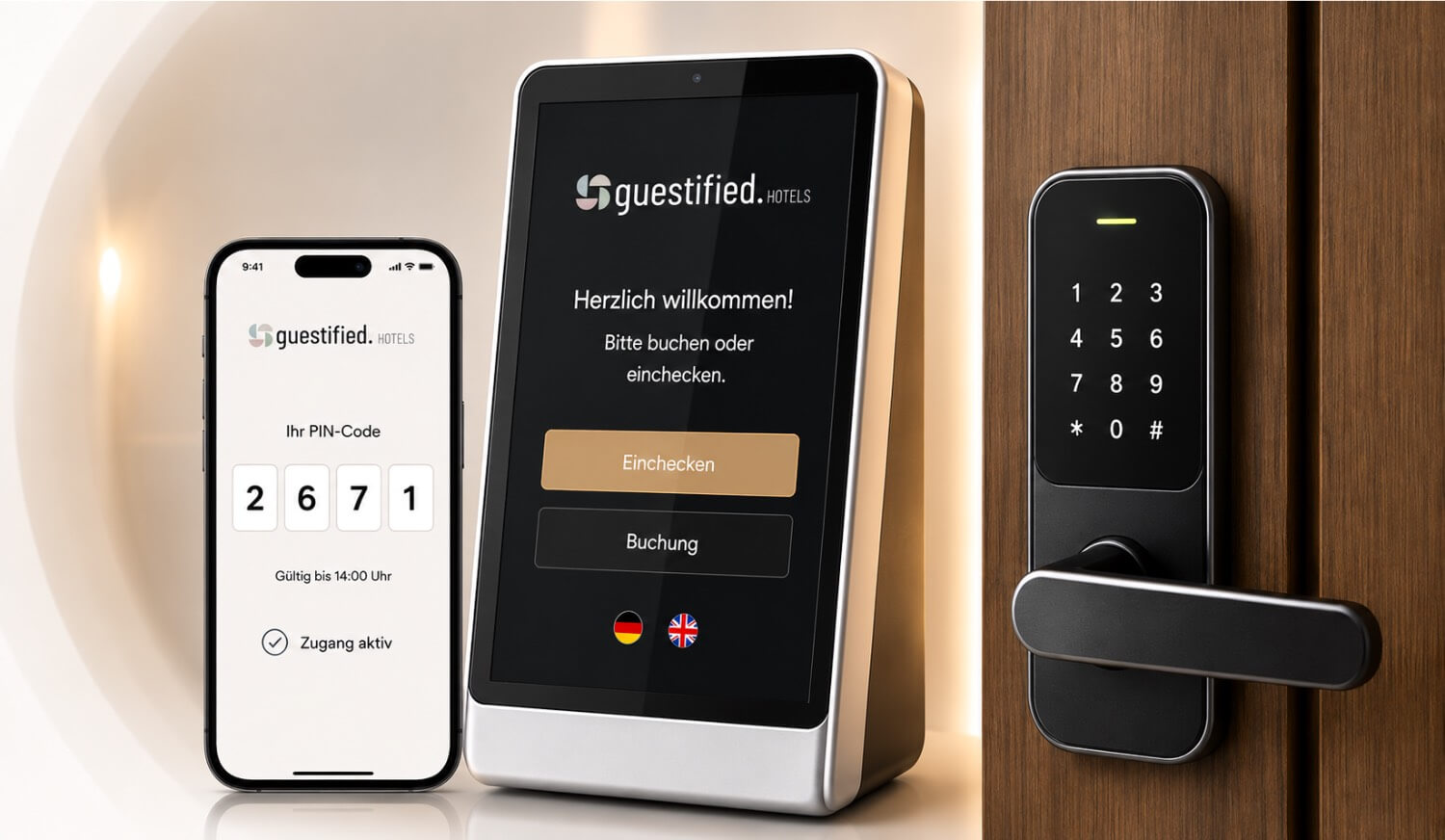 Self check-in terminal, mobile PIN access and digital hotel room lock.